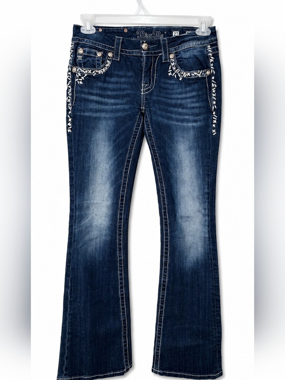 Miss Me Dark Blue Boot Cut Jeans with White Embroidery